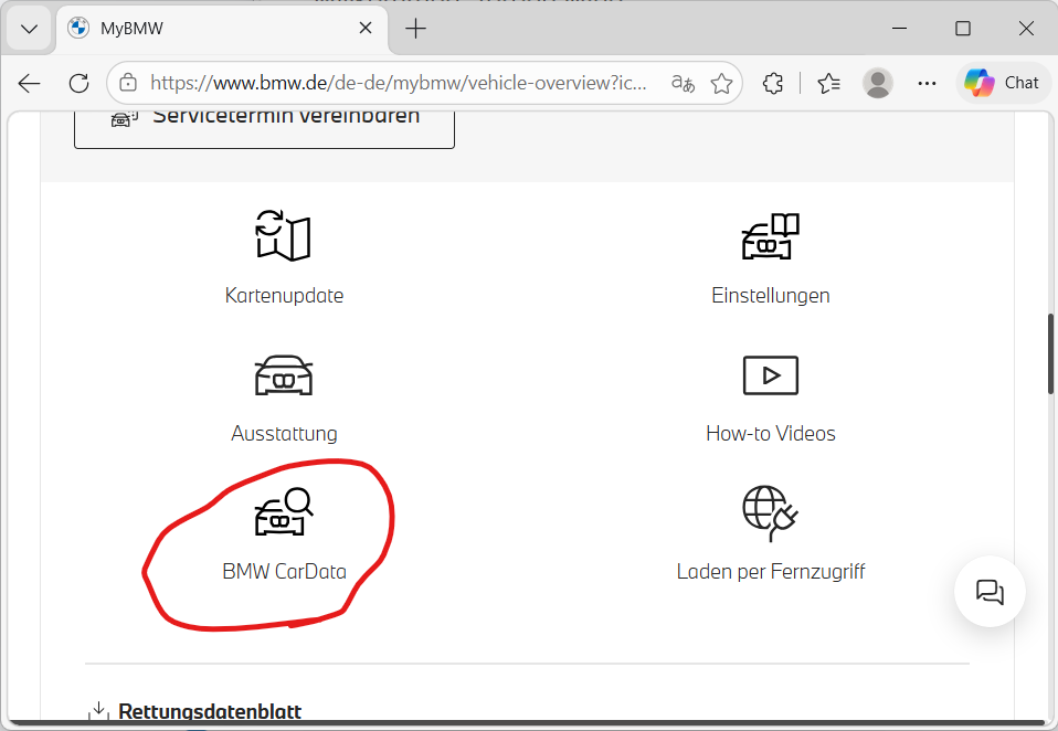 BMW CarData-linket i køretøjsoversigten