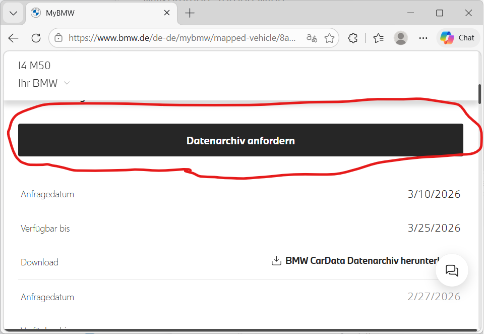 Anmod om et dataarkiv i BMW CarData