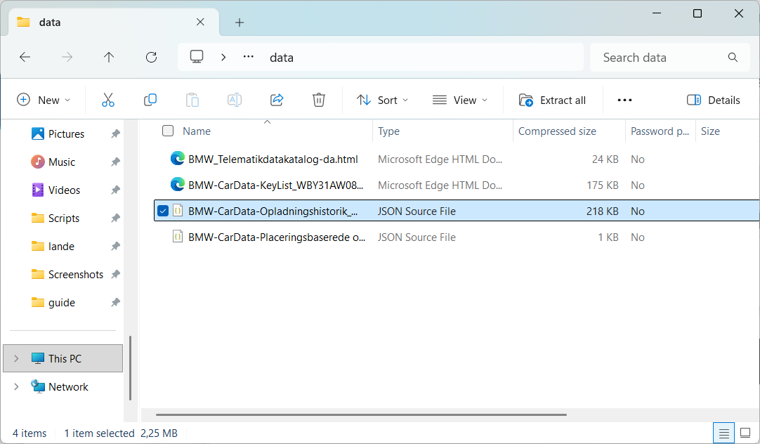 JSON-filen med opladningshistorik i ZIP-arkivet